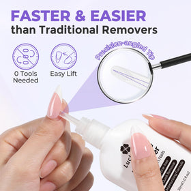 Luckyfairy remover texture pouring from nozzle illustrating non-acetone gentle formula