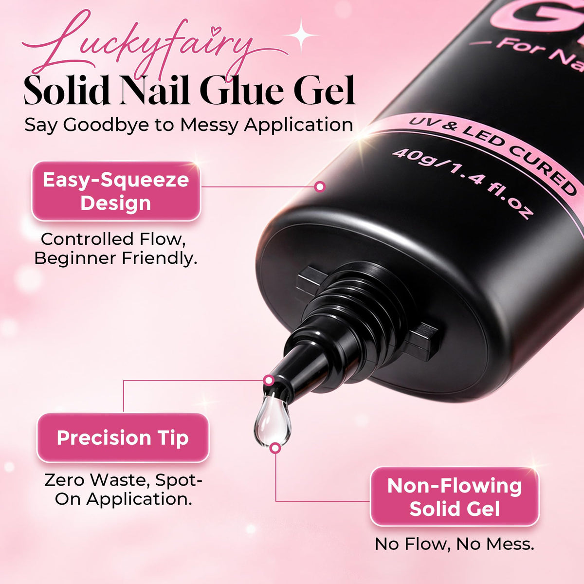 Luckyfairy tube nozzle close-up for precise, mess-free dispensing benefit