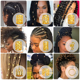 Lucomb gold cuffs clipped on braided hair showing decorative enhancement