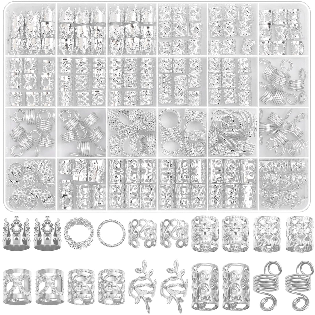 Lucomb front packaging clear box showing organized silver charms and storage benefit