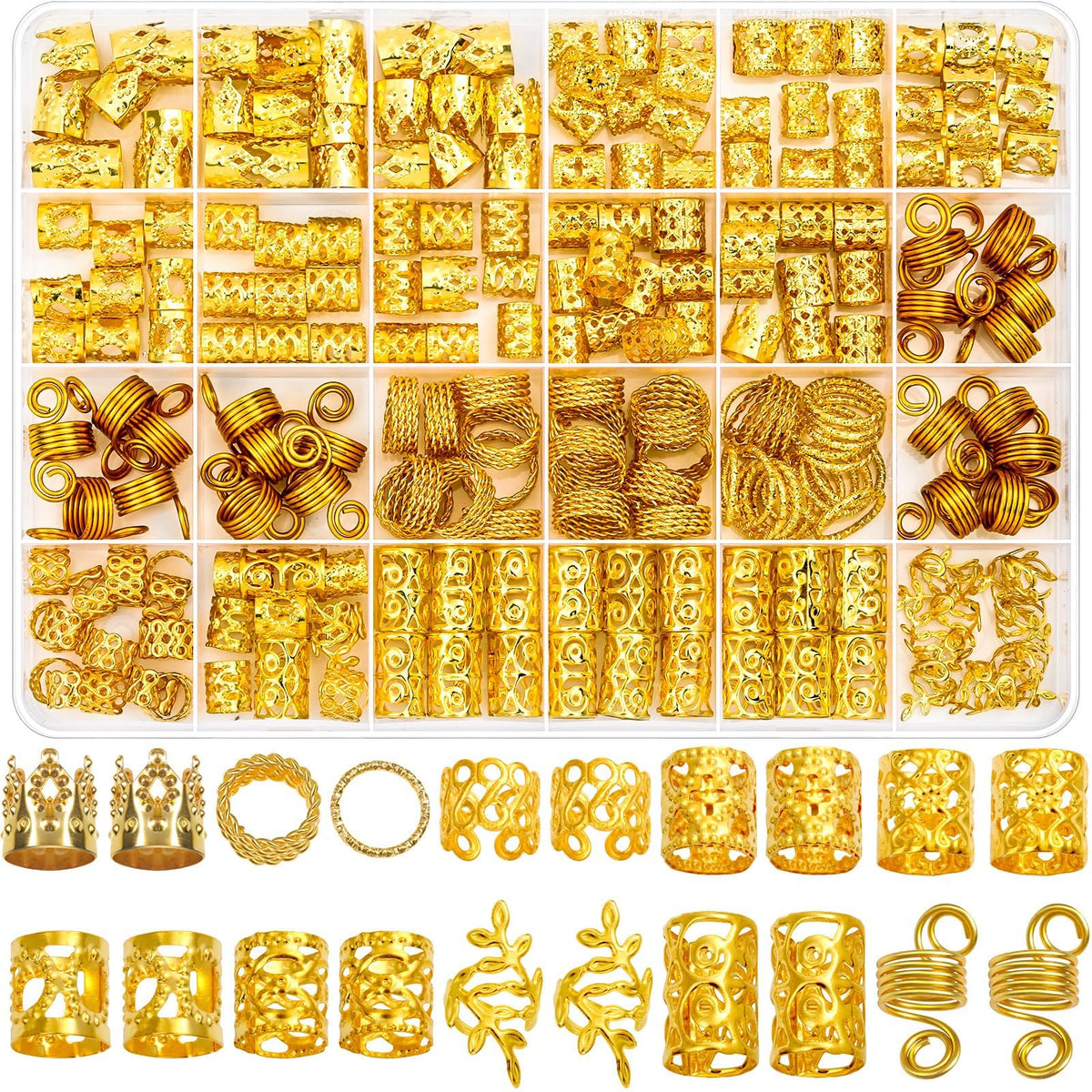 Lucomb front packaging showing 220-piece gold hair jewelry set and organized box