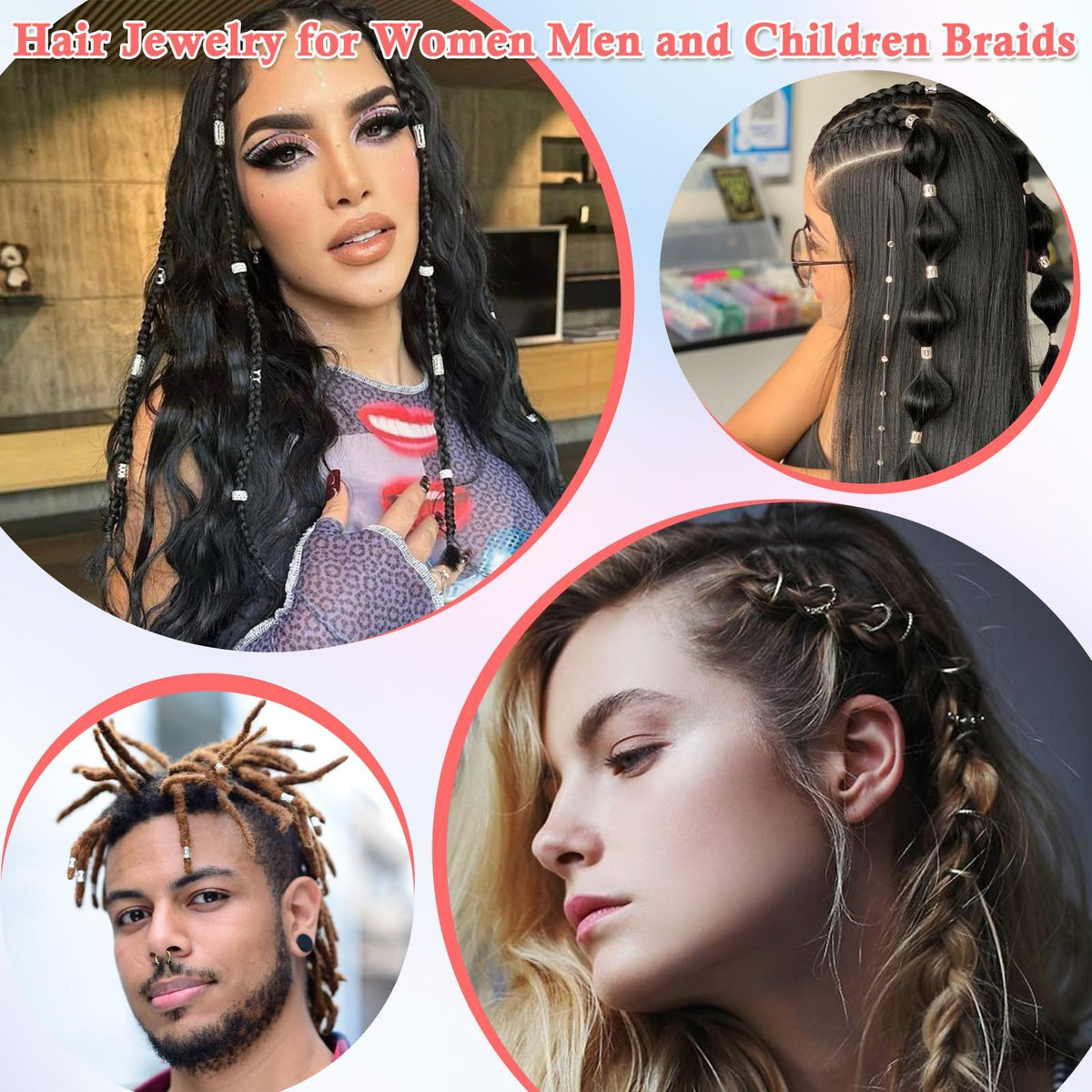 Lucomb rings on braided hair in use demonstrating secure fit and decorative effect