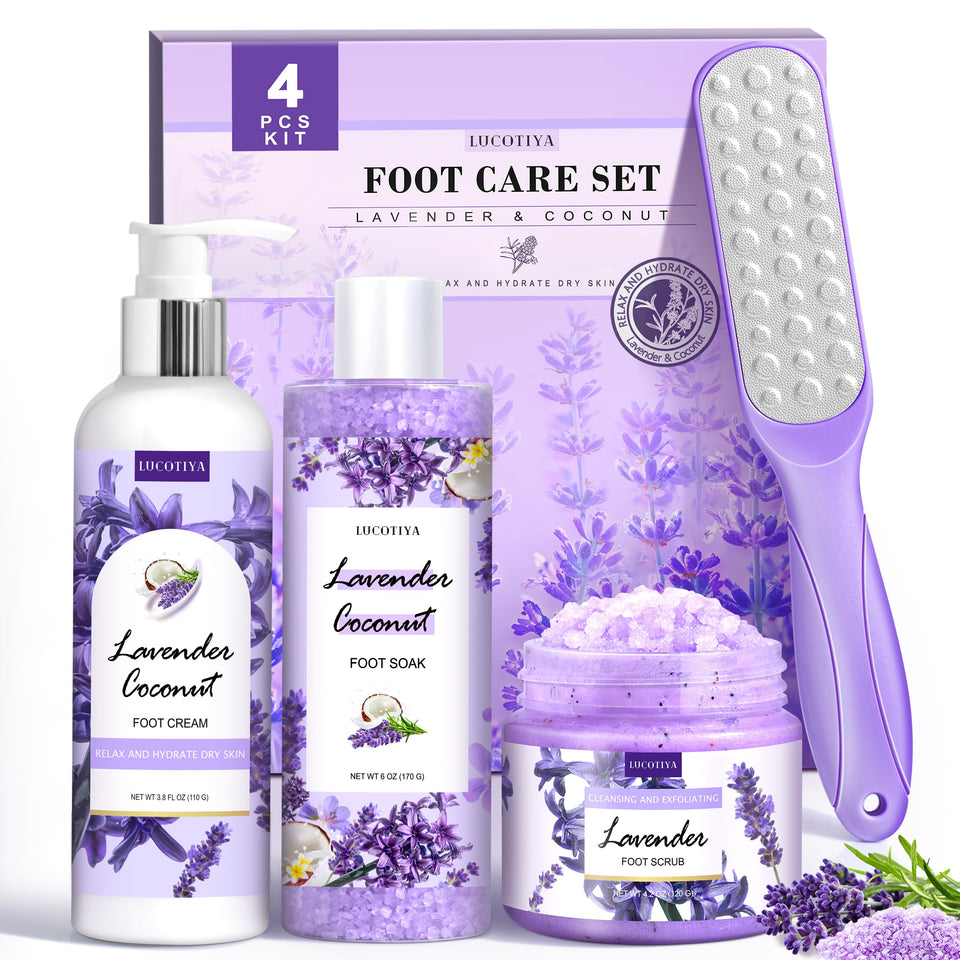 LUCOTIYA front packaging showing full lavender foot soak set and benefits