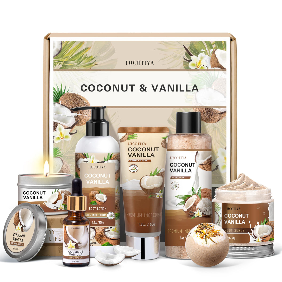 LUCOTIYA front packaging showing full vanilla coconut spa set and gift box benefit elegant presentation
