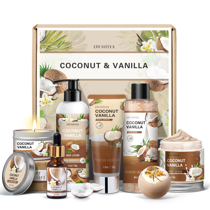 LUCOTIYA front packaging showing full vanilla coconut spa set and gift box benefit elegant presentation