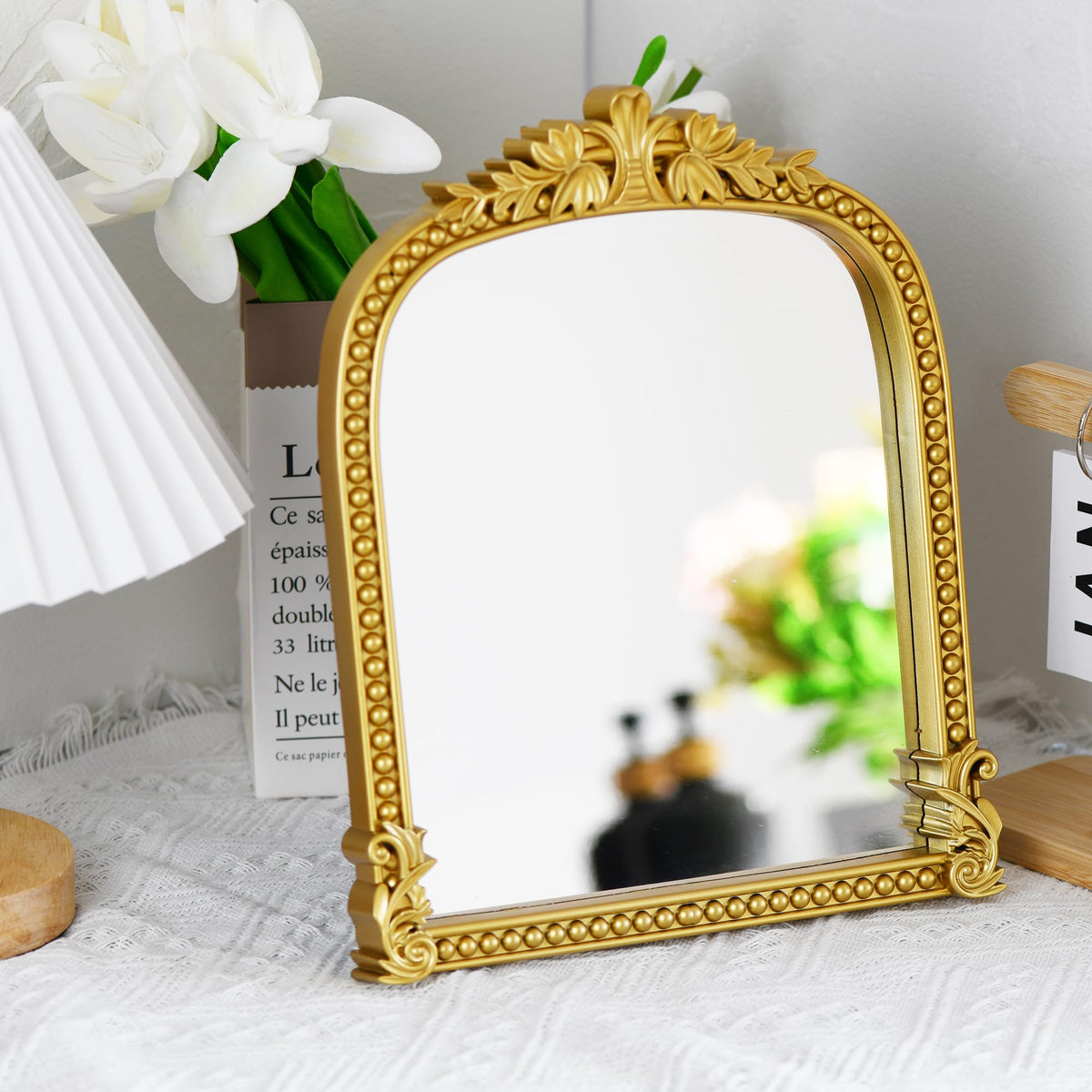 LuHeToz mirror standing on vanity showing stability and grooming convenience
