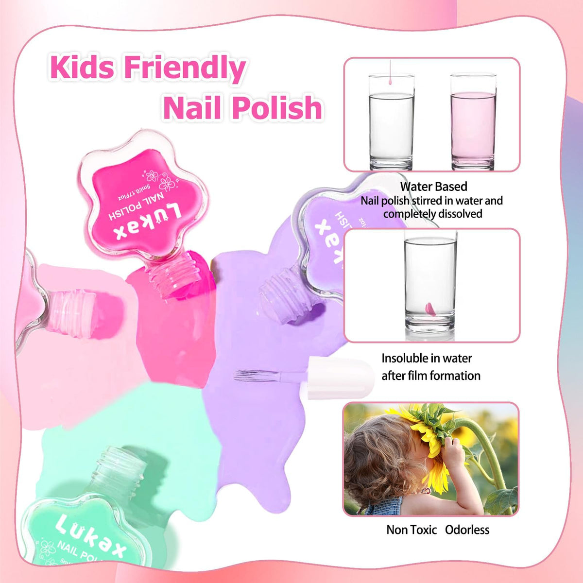 Lukax polish applied on child's nails showing playful color result