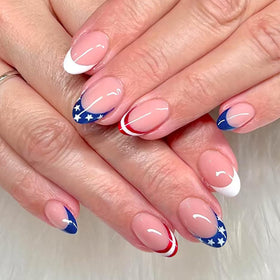 Lukmexor front packaging showing 24pcs patriotic press-on nails and accessories