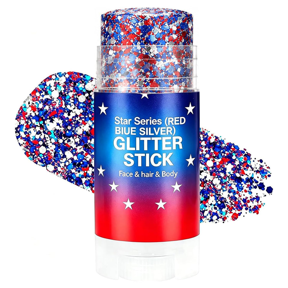 Lulesi front packaging glitter stick showing patriotic red white blue sparkle benefit