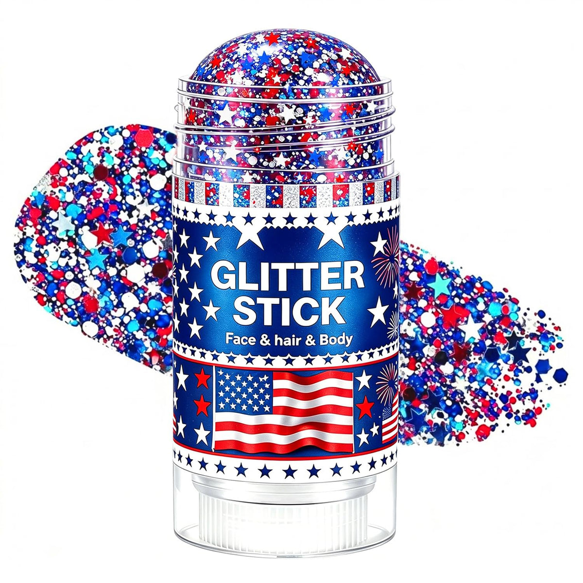 Lulesi glitter stick front packaging showing triple red white blue design and portability