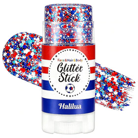 Lulesi front packaging glitter stick showing patriotic red white blue colors and easy-twist cap for quick application