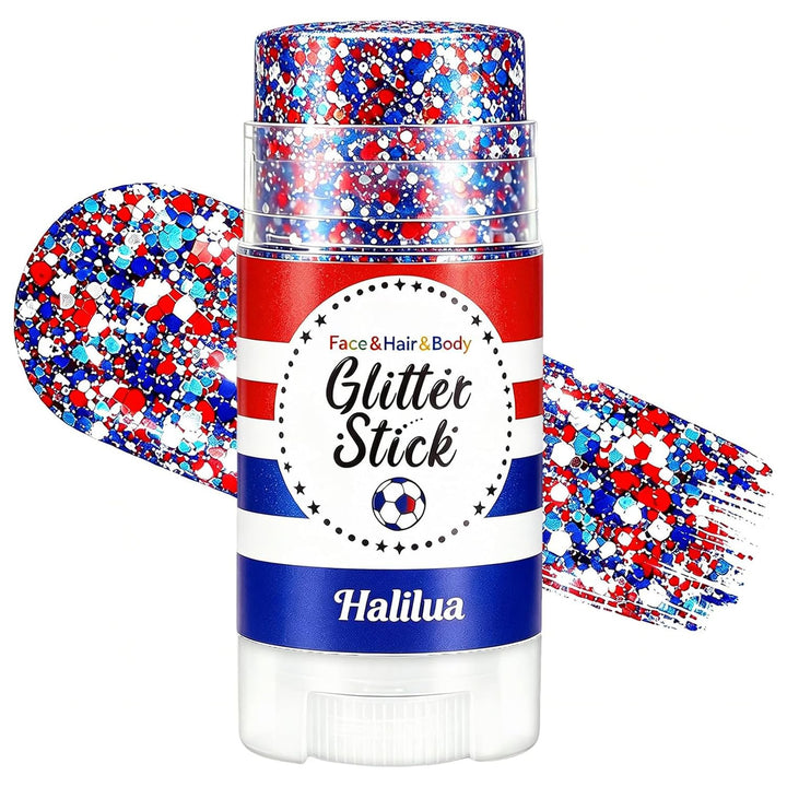 Lulesi front packaging glitter stick showing patriotic red white blue colors and easy-twist cap for quick application