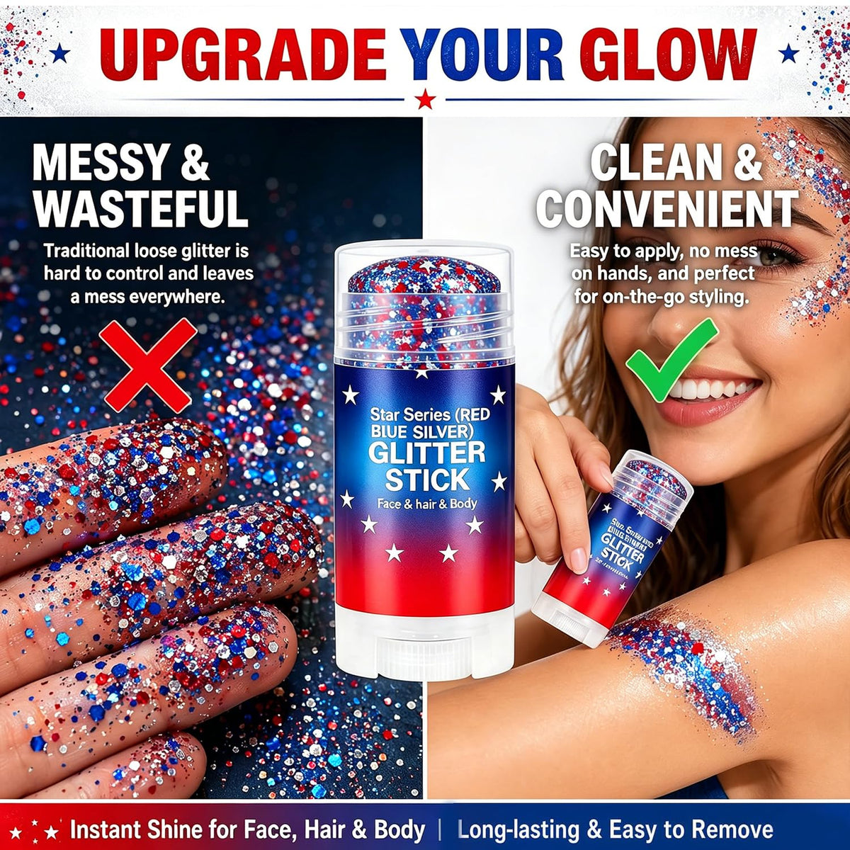 Lulesi glitter on shoulder and décolletage adding festival-ready highlight