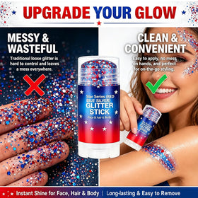 Lulesi glitter on shoulder and décolletage adding festival-ready highlight