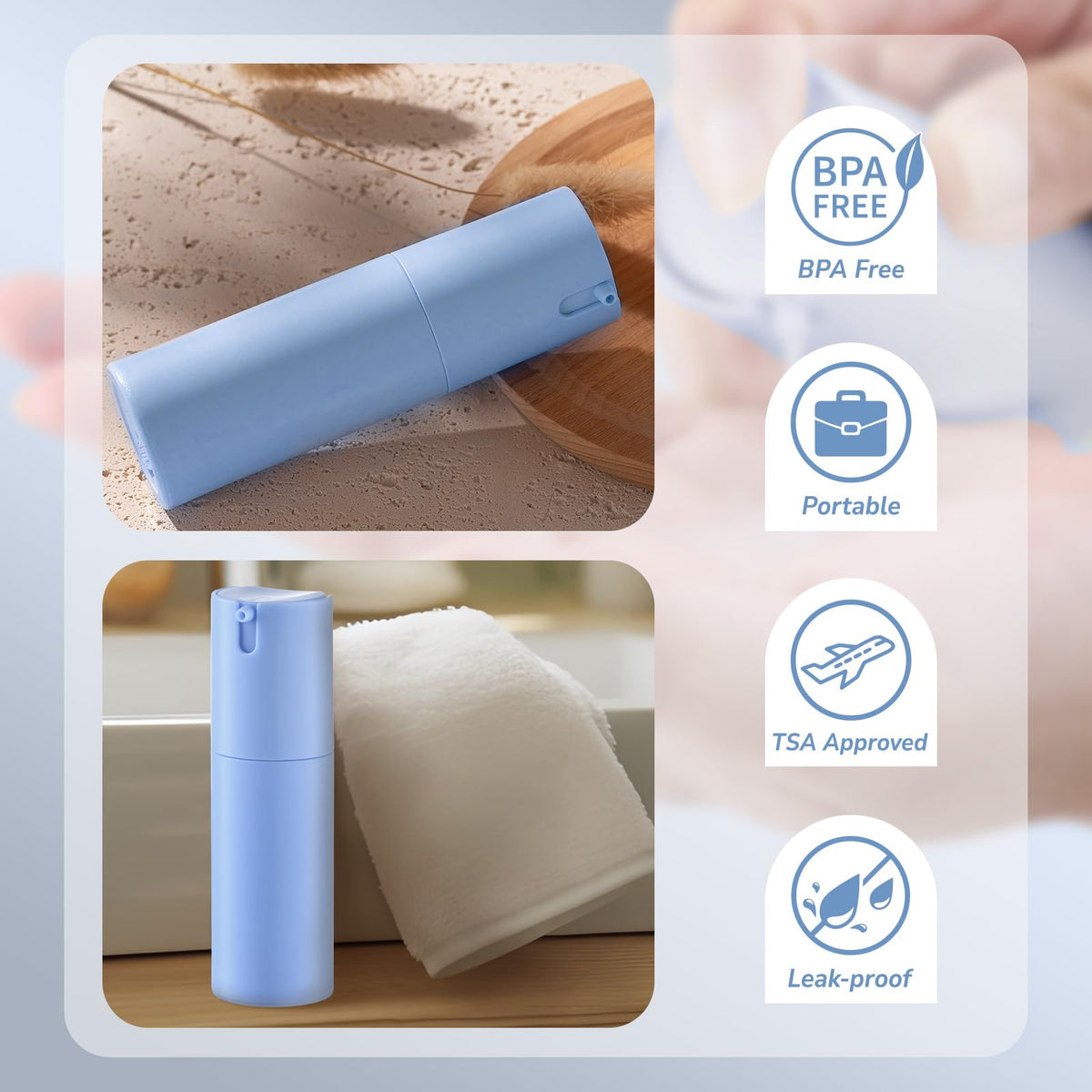 Lulupack bottles inside a carry-on toiletry bag illustrating leakproof travel safety