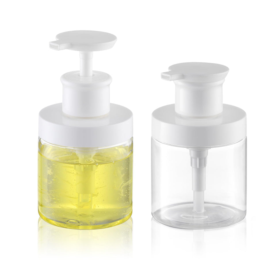 Lulupack front view of two clear pump bottles showing neat refillable storage benefit