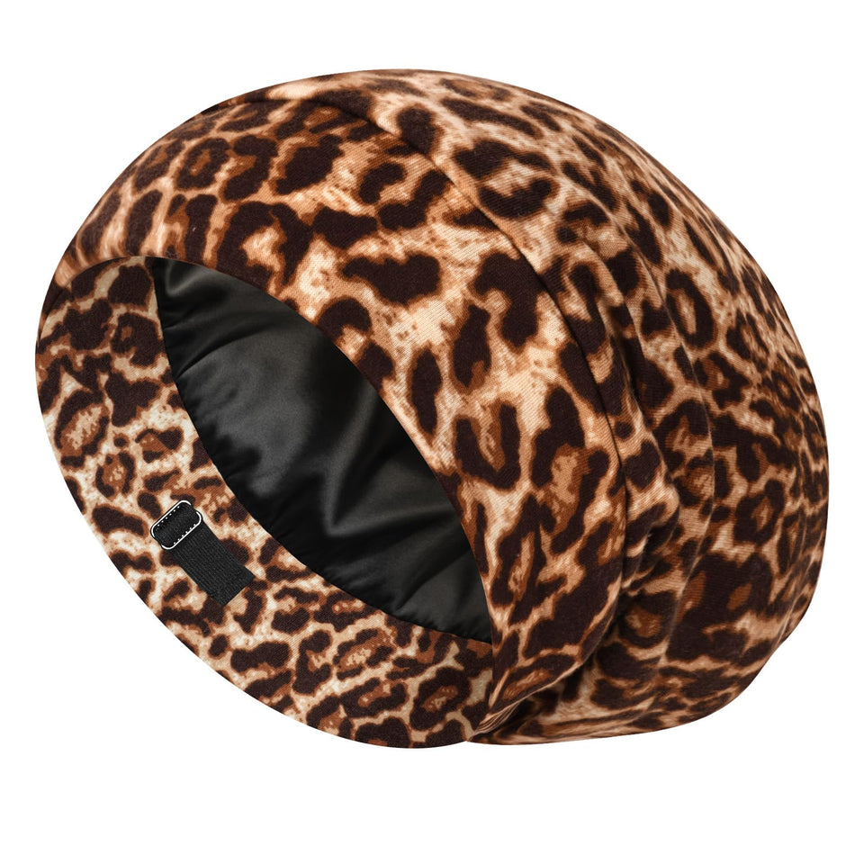 LULUSILK bonnet front view showing brown leopard print and secure fit benefit