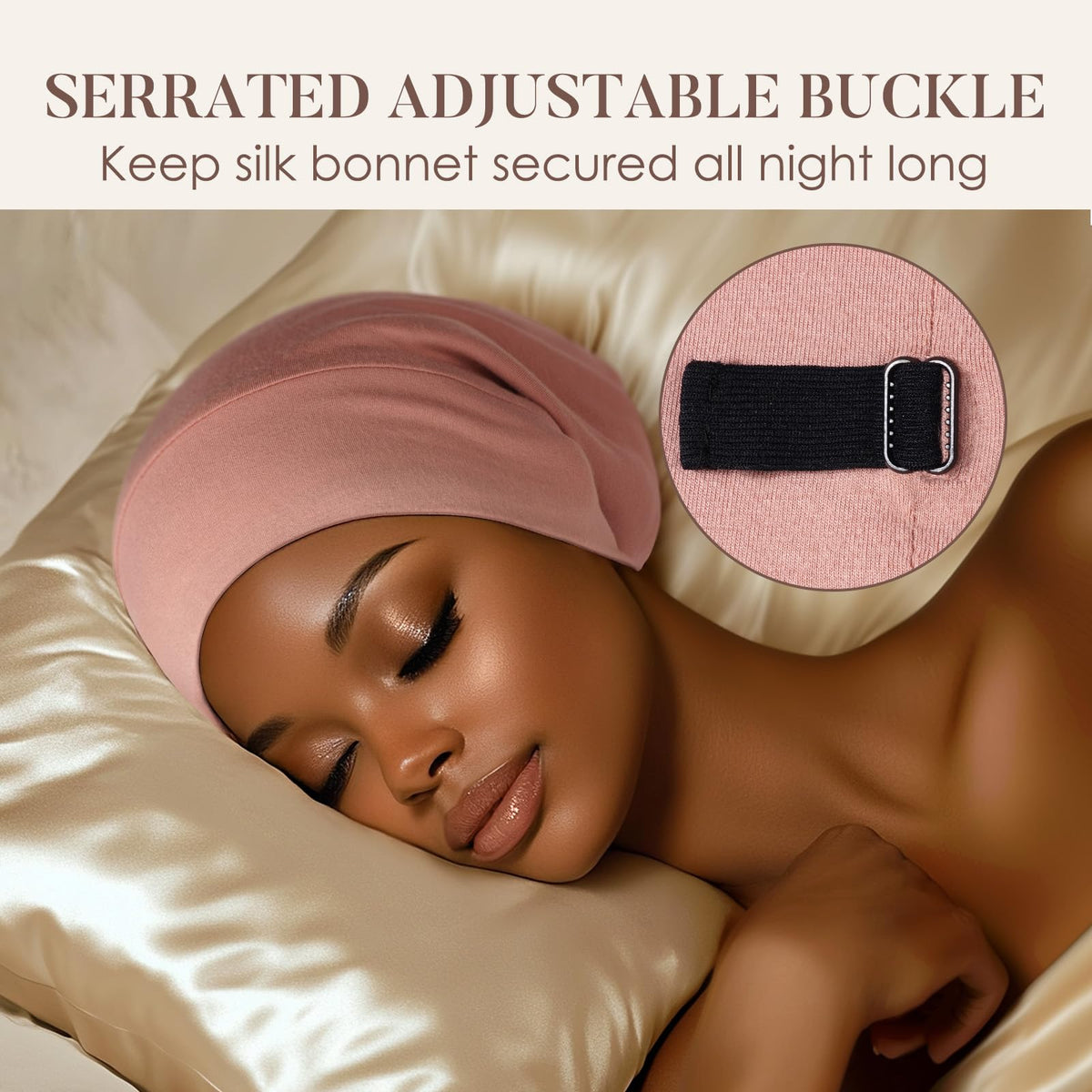 LULUSILK model wearing bonnet side profile showing stay-on fit and hairstyle protection