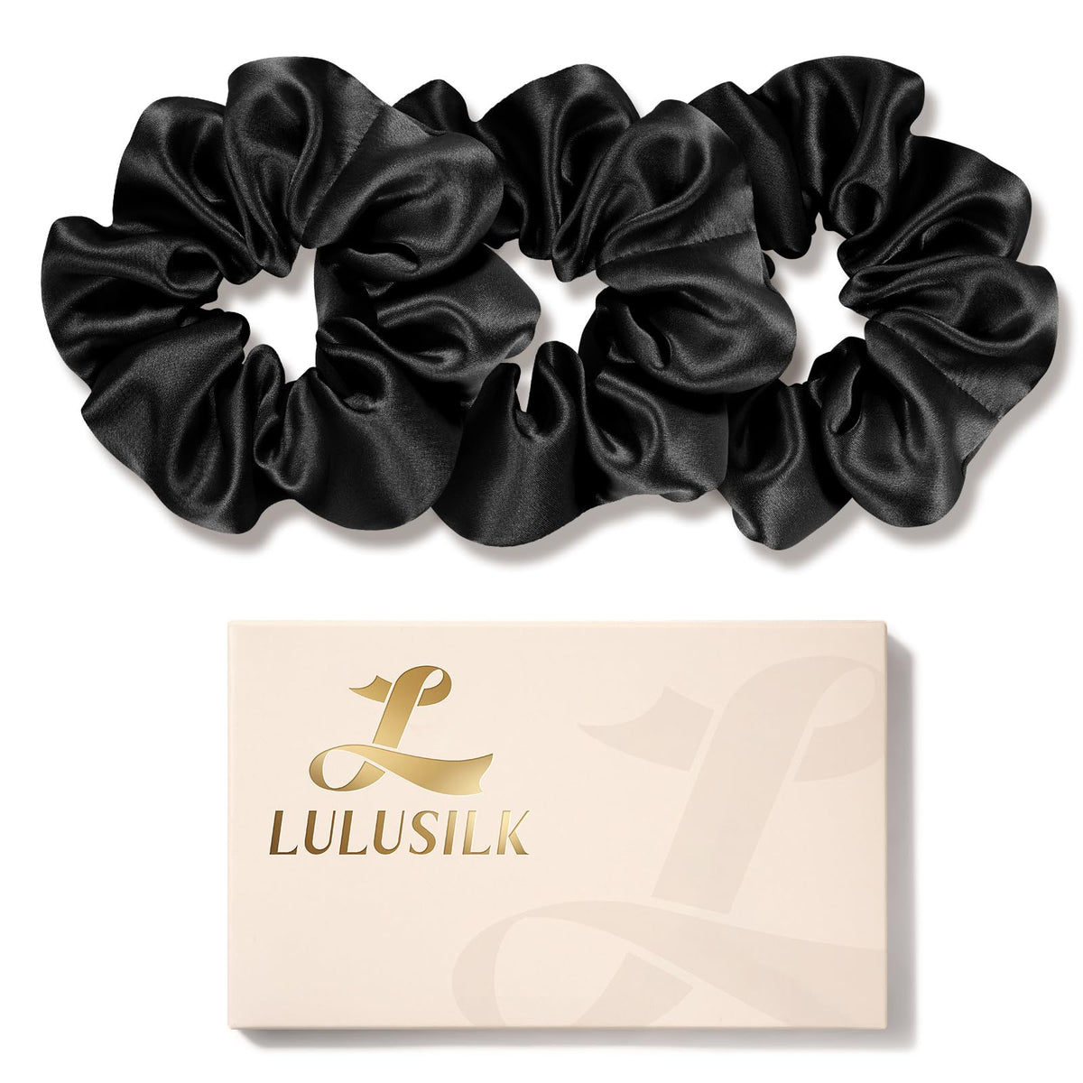 LULUSILK front packaging showing three black silk scrunchies and brand clarity