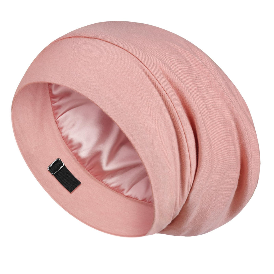 LULUSILK front view of pink silk bonnet showing full coverage and sleek look
