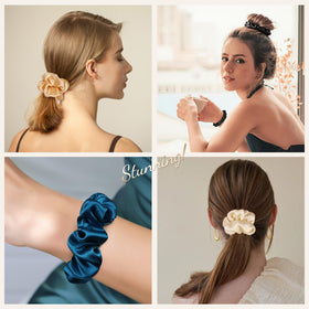 LULUSILK three scrunchies styled with outfits showing versatile everyday use