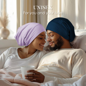 LULUSILK person sleeping wearing cap to prevent frizz and tangles