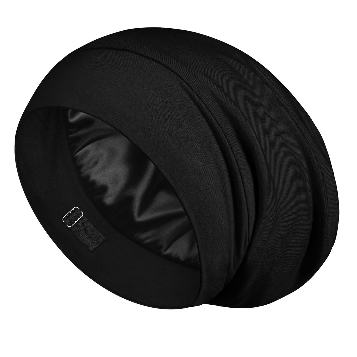 LULUSILK front view of black silk bonnet showing sleek fit and protection