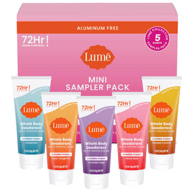 Lume five-pack front view showing minis and neat packaging for easy sampling