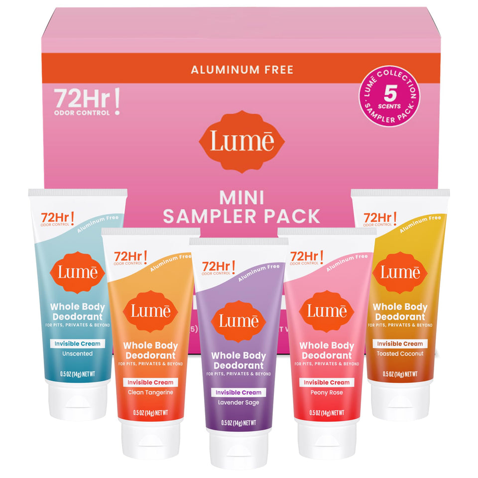 Lume five-pack front view showing minis and neat packaging for easy sampling