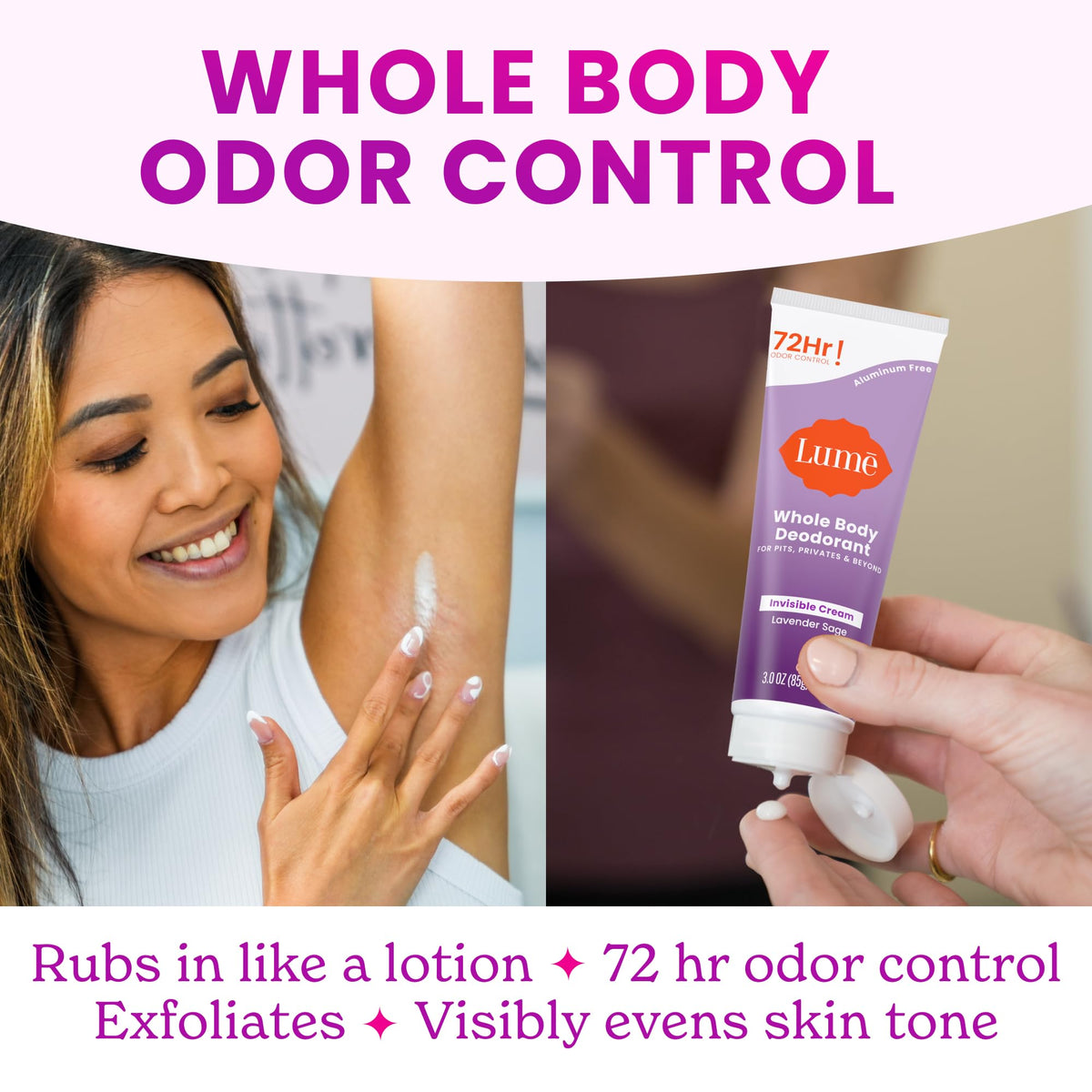 Applying Lume to foot area demonstrating whole-body use and odor control benefit