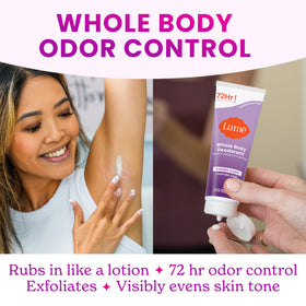 Applying Lume to foot area demonstrating whole-body use and odor control benefit