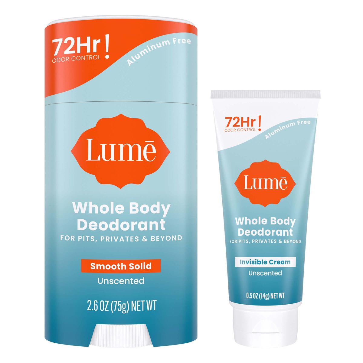 Lume bundle front packaging showing stick and cream, clear odor solution