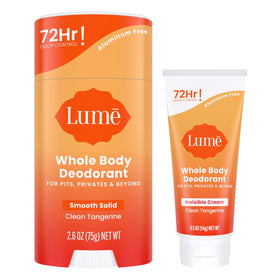 Lume bundle front packaging showing clean tangerine stick and cream with fresh scent benefit