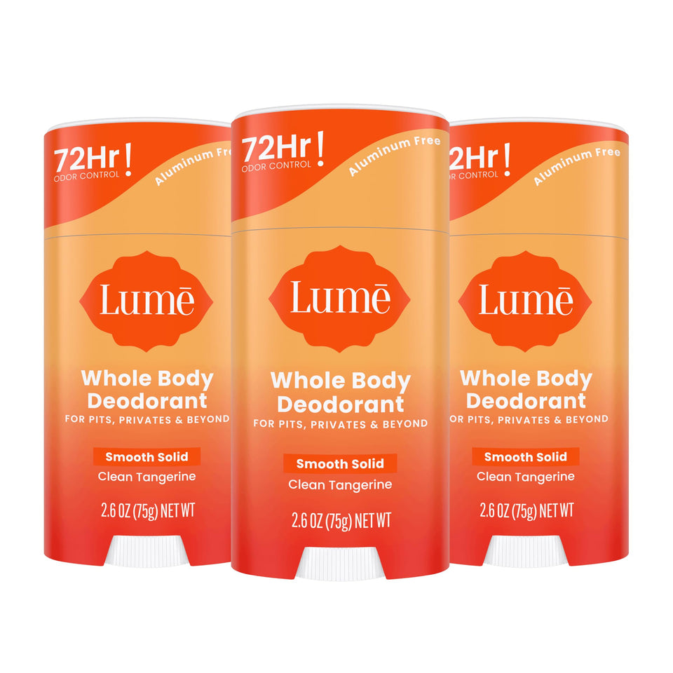 Lume Clean Tangerine front packaging showing 3-pack and branding for bright citrus freshness