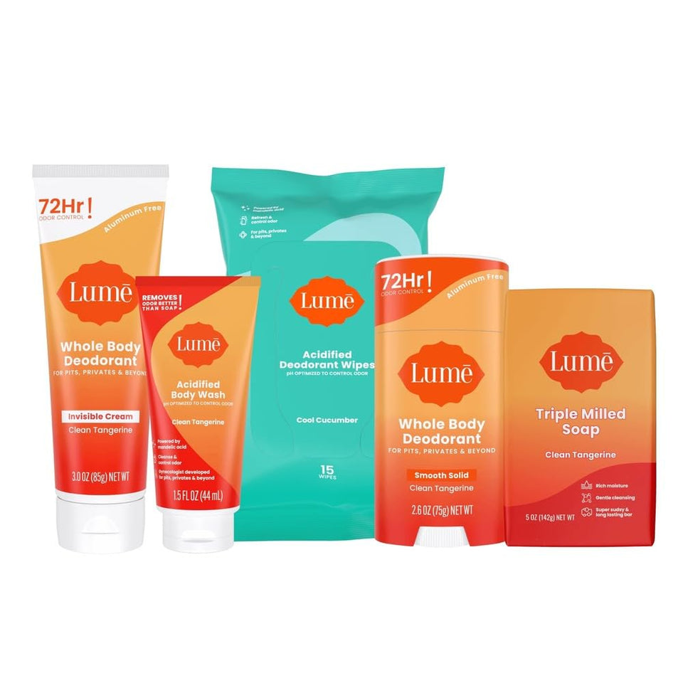 Lume front packaging showing Clean Tangerine gift set and contents benefit odor control