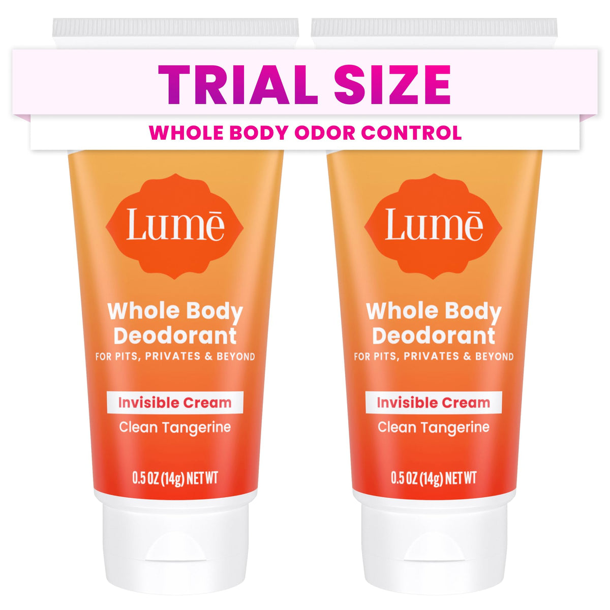 Lume clean tangerine front packaging shows compact travel tubes and bright scent benefit