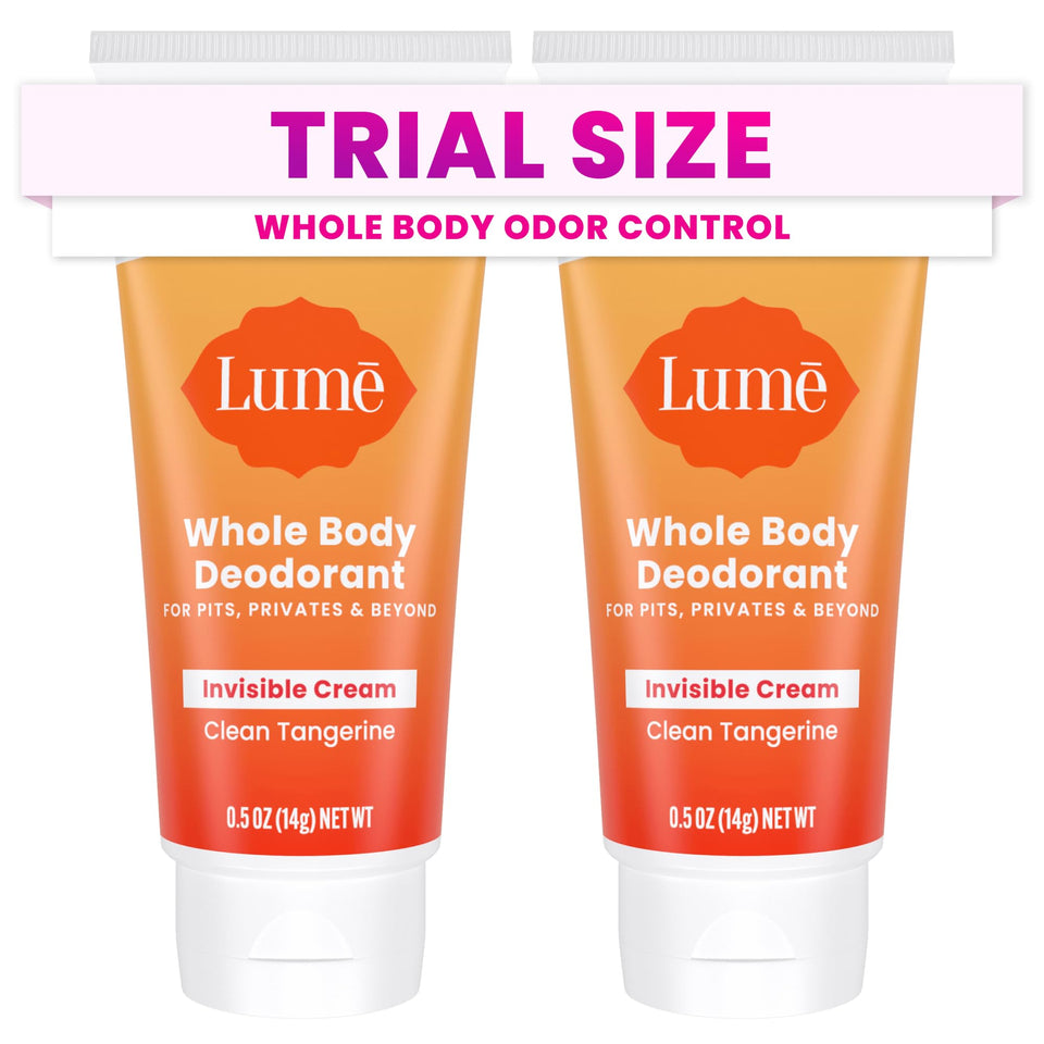 Lume clean tangerine front packaging shows compact travel tubes and bright scent benefit