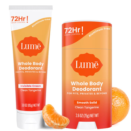 Lume front packaging showing Clean Tangerine bundle and benefits