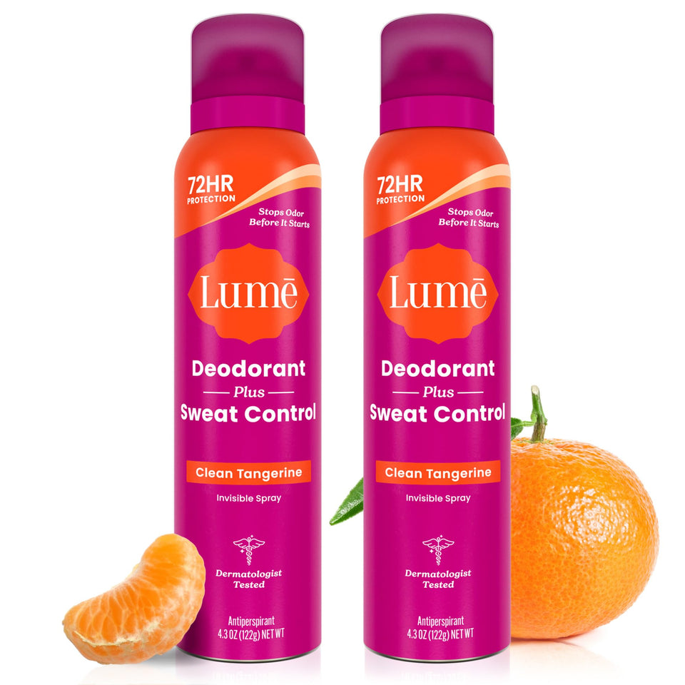 Lume front packaging showing Clean Tangerine two‑pack and benefits