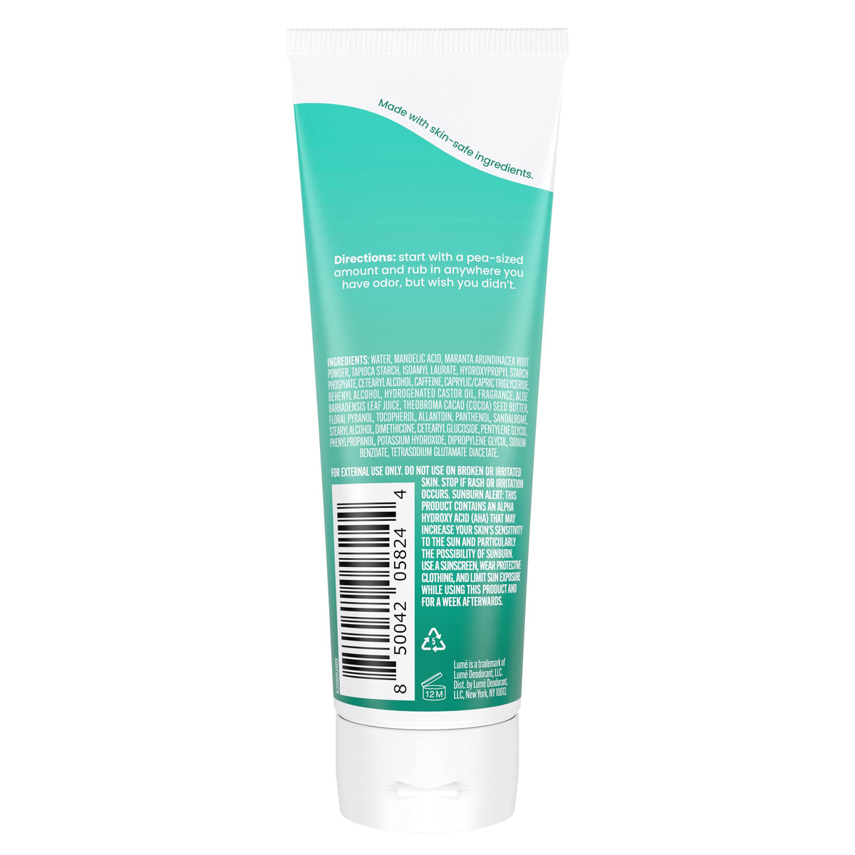 Lume cream tube open with cream dispensed illustrating easy application