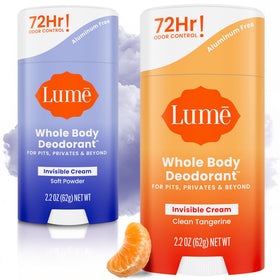 Lume cream stick front packaging showing two-stick 2.2 oz pack benefit travel friendly