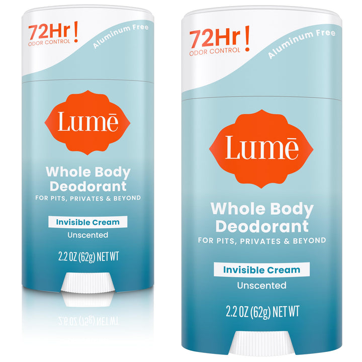 Lume cream stick front packaging showing unscented pack benefits
