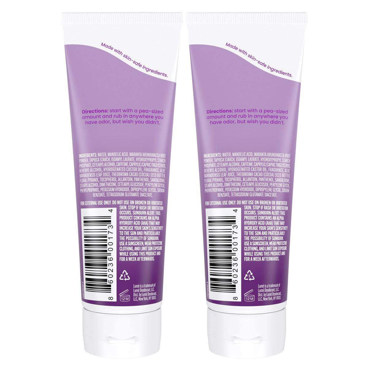 Lume cream tube with cap off showing smooth texture and easy-squeeze application benefit