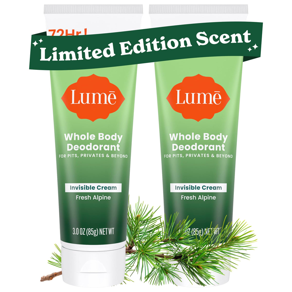 Lume front tube showing Fresh Alpine packaging and travel-ready benefits