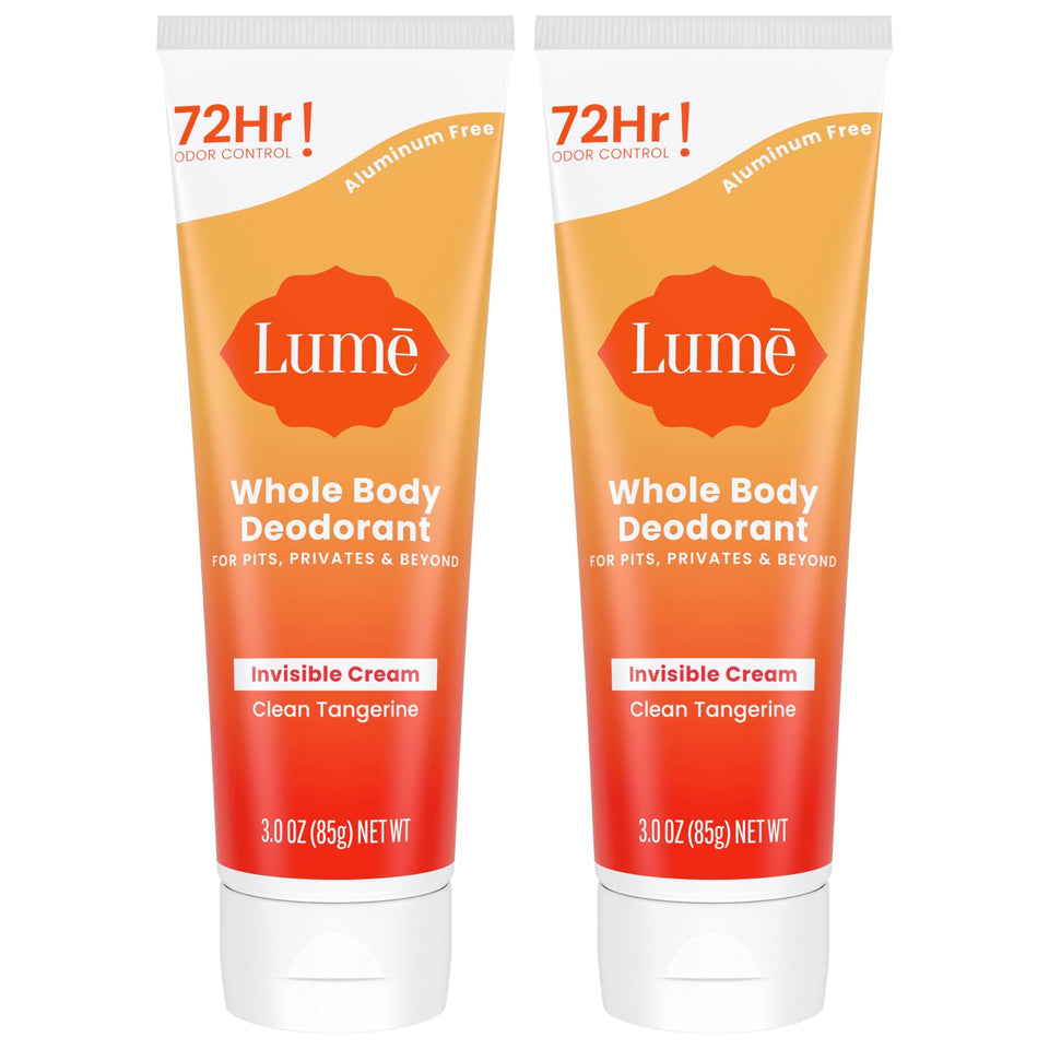 Lume front tube showing clean tangerine scent and compact packaging benefit