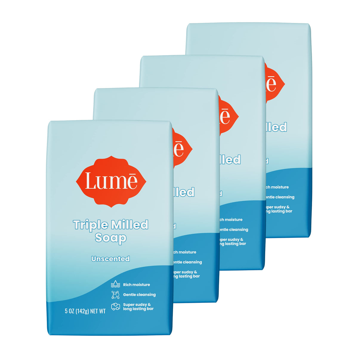 Lume front packaging showing unscented bar soap pack and moisturizing benefit