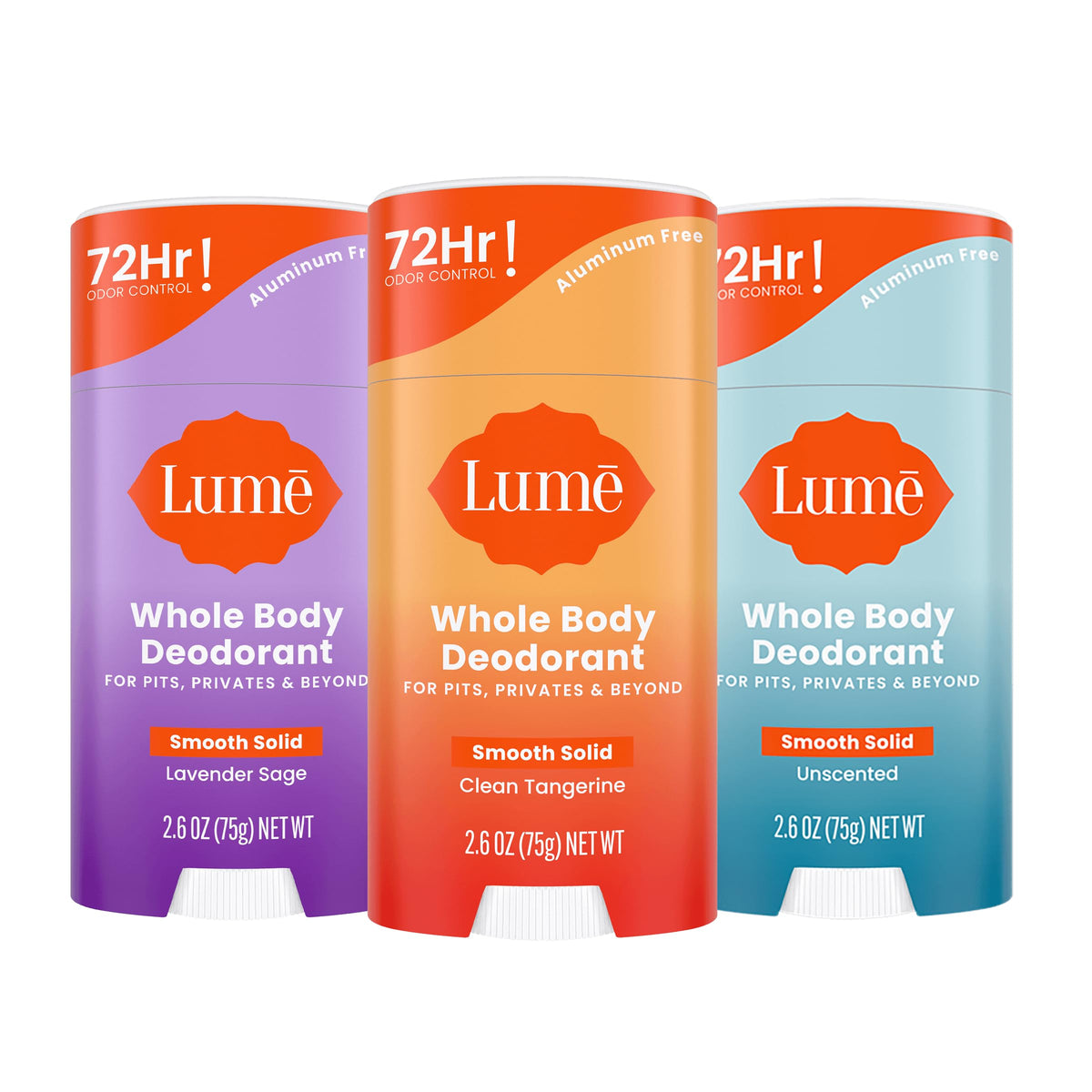 Lume pack front shot showing three scents and travel-ready design