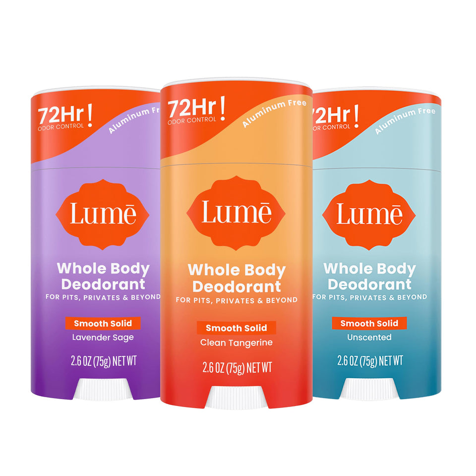 Lume pack front shot showing three scents and travel-ready design