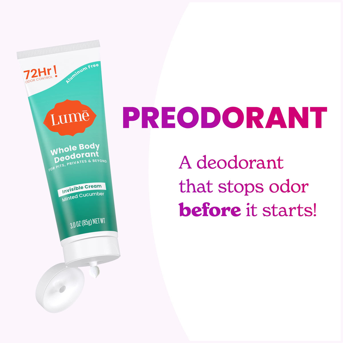 Clear ingredients label on Lume tube emphasizing gentle, safe formulation