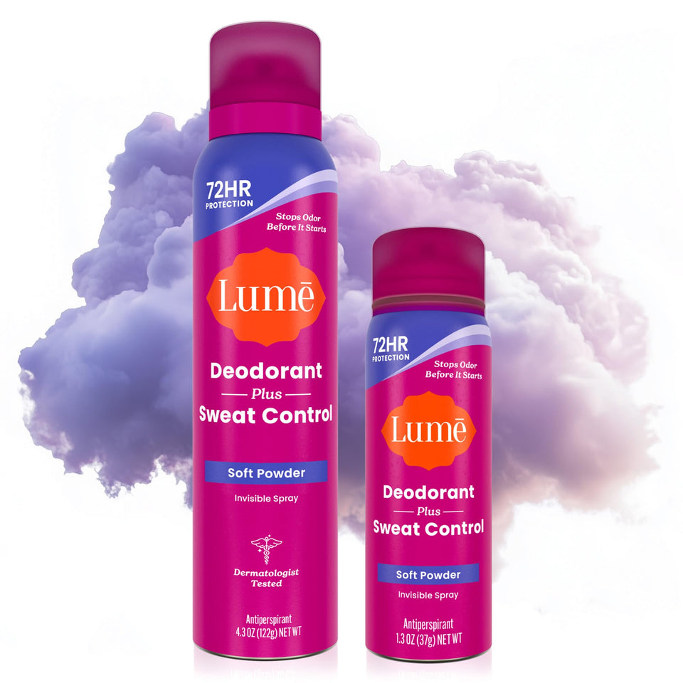 Lume invisible spray front packaging showing soft powder scent and benefits